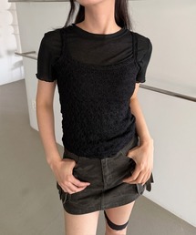 【２ピースSET / 単体 or レイヤード】レース キャミソール 無地 半袖 Tシャツ