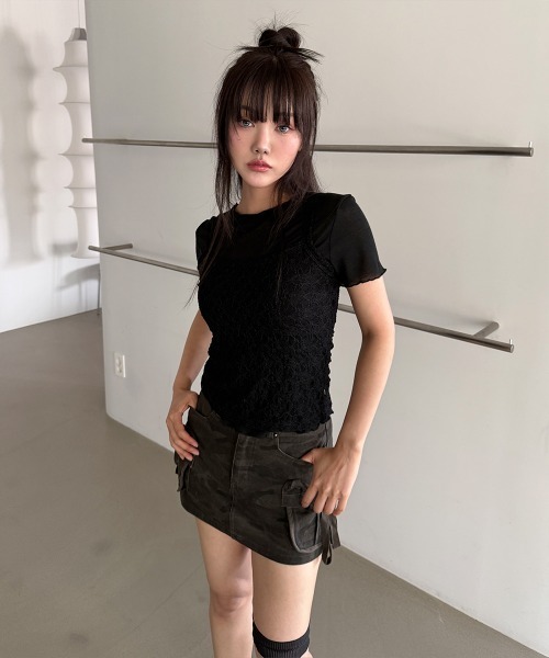 4INT.(フォイント)の「【2ピースSET / 単体 or レイヤード】レース キャミソール 無地 半袖 Tシャツ(Tシャツ/カットソー・レディース・ブラック/グレー/ホワイト・FREE)」の6枚目の写真