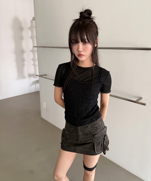 4INT.(フォイント)の「【2ピースSET / 単体 or レイヤード】レース キャミソール 無地 半袖 Tシャツ(Tシャツ/カットソー・レディース・ブラック/グレー/ホワイト・FREE)」の8枚目の写真