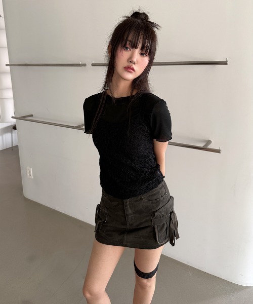 4INT.(フォイント)の「【2ピースSET / 単体 or レイヤード】レース キャミソール 無地 半袖 Tシャツ(Tシャツ/カットソー・レディース・ブラック/グレー/ホワイト・FREE)」の7枚目の写真