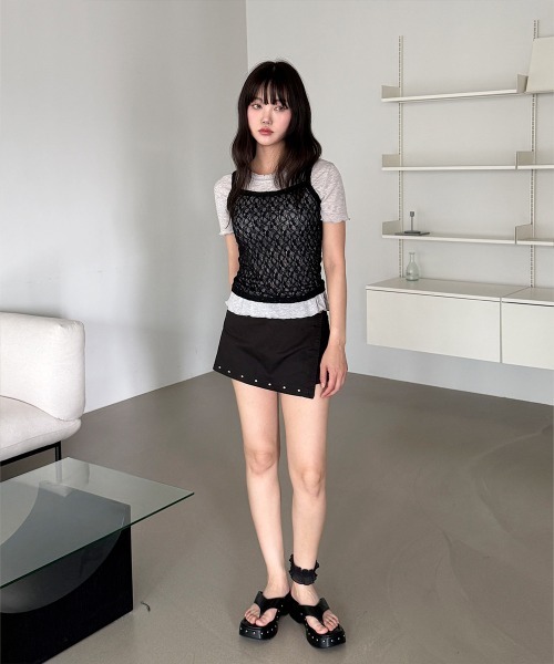 4INT.(フォイント)の「【2ピースSET / 単体 or レイヤード】レース キャミソール 無地 半袖 Tシャツ(Tシャツ/カットソー・レディース・ブラック/グレー/ホワイト・FREE)」の10枚目の写真