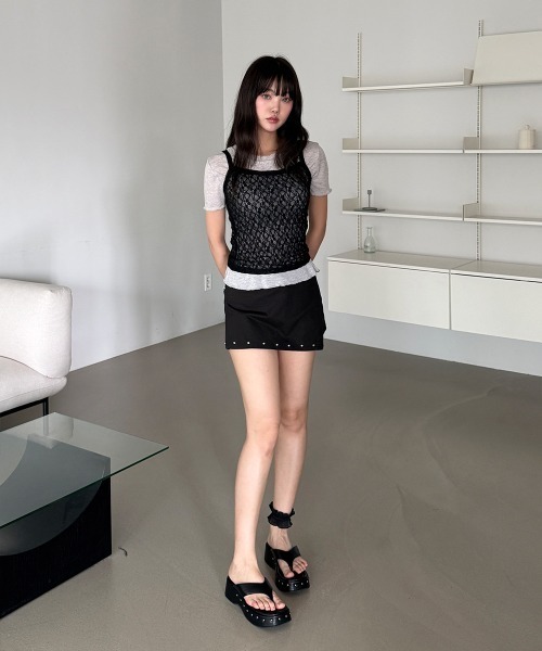 4INT.(フォイント)の「【2ピースSET / 単体 or レイヤード】レース キャミソール 無地 半袖 Tシャツ(Tシャツ/カットソー・レディース・ブラック/グレー/ホワイト・FREE)」の12枚目の写真