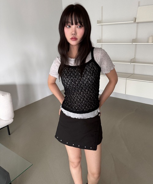 4INT.(フォイント)の「【2ピースSET / 単体 or レイヤード】レース キャミソール 無地 半袖 Tシャツ(Tシャツ/カットソー・レディース・ブラック/グレー/ホワイト・FREE)」の14枚目の写真