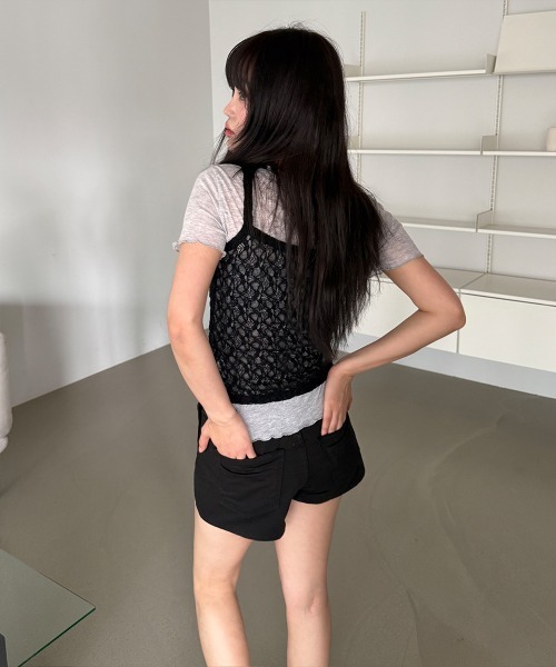 4INT.(フォイント)の「【2ピースSET / 単体 or レイヤード】レース キャミソール 無地 半袖 Tシャツ(Tシャツ/カットソー・レディース・ブラック/グレー/ホワイト・FREE)」の17枚目の写真