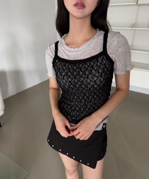 4INT.(フォイント)の「【2ピースSET / 単体 or レイヤード】レース キャミソール 無地 半袖 Tシャツ(Tシャツ/カットソー・レディース・ブラック/グレー/ホワイト・FREE)」の18枚目の写真