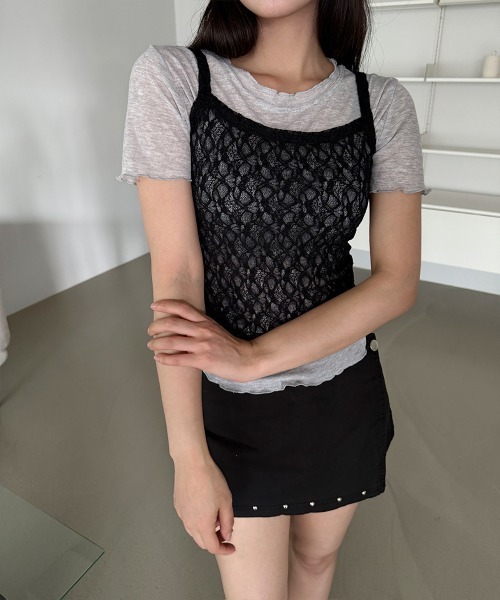 4INT.(フォイント)の「【2ピースSET / 単体 or レイヤード】レース キャミソール 無地 半袖 Tシャツ(Tシャツ/カットソー・レディース・ブラック/グレー/ホワイト・FREE)」の19枚目の写真