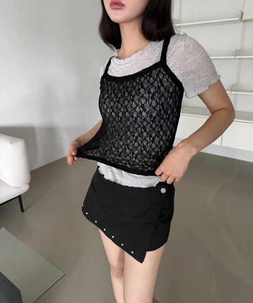 4INT.(フォイント)の「【2ピースSET / 単体 or レイヤード】レース キャミソール 無地 半袖 Tシャツ(Tシャツ/カットソー・レディース・ブラック/グレー/ホワイト・FREE)」の20枚目の写真