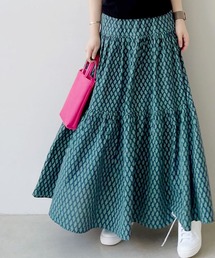 総柄ティアードロングスカート フレアスカート ウエストゴム マキシ丈
