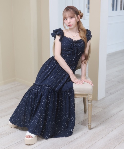 Rmine(アールマイン)の「袖フリル バッグリボン ドット ロングワンピース(ワンピース・レディース・レッド/ホワイト/ネイビー・FREE)」の2枚目の写真