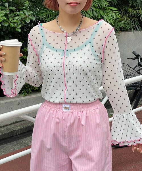 HELLO.SANFRANCISCO(ハローサンフランシスコ)の「【HELLO.SANFRANCISCO/ハローサンフランシスコ】シアードットフリルTEE(Tシャツ/カットソー・レディース・ホワイト/ブルー/オレンジ・ONE SIZE)」の2枚目の写真