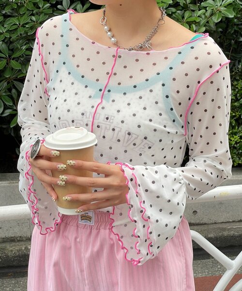 HELLO.SANFRANCISCO(ハローサンフランシスコ)の「【HELLO.SANFRANCISCO/ハローサンフランシスコ】シアードットフリルTEE(Tシャツ/カットソー・レディース・ホワイト/ブルー/オレンジ・ONE SIZE)」の4枚目の写真