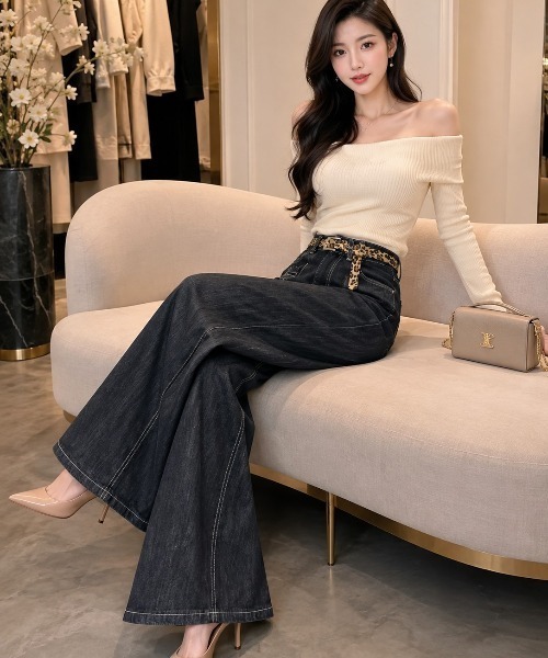 NoBelle(ノベル)の「ハイウエストワイドデニム 韓国ストリート風ジーンズ(デニムパンツ・レディース・ブラック・S/M)」の3枚目の写真