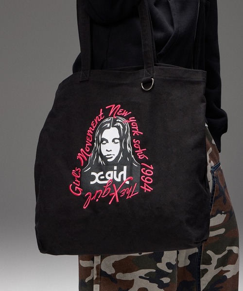 X-girl(エックスガール)の「HAND DRAWN LOGO AND FACE TOTE BAG(トートバッグ・レディース・レオパード/ブラック/カモフラージュ・ONE SIZE)」の2枚目の写真