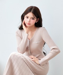 【新作登場】ロングワンピース Vネック 長袖 配色 パイピング パールボタン ポケット リブニット フレア ロング丈 配色ニット きれいめ フェミニン