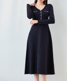 【新作登場】ロングワンピース Vネック 長袖 配色 パイピング パールボタン ポケット リブニット フレア ロング丈 配色ニット きれいめ フェミニン