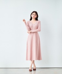【新作登場】ロングワンピース Vネック 長袖 配色 パイピング パールボタン ポケット リブニット フレア ロング丈 配色ニット きれいめ フェミニン