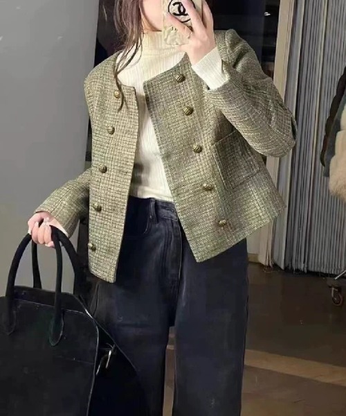 FAVORITO（ファヴォリート）の「ノーカラーツイードジャケット（ノーカラージャケット・レディース・ブラック/グリーン・F）」の6枚目の写真