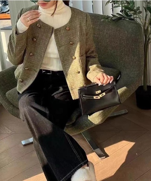 FAVORITO（ファヴォリート）の「ノーカラーツイードジャケット（ノーカラージャケット・レディース・ブラック/グリーン・F）」の5枚目の写真