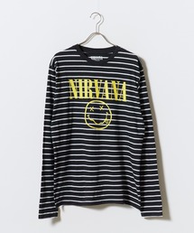 NIRVANA / ニルヴァーナ "Classic Happy Face" Black & White Striped T-shirt クラシックハッピーフェイス ボーダー Tシャツ 前面プリント 長袖 クルーネック ロンT バンドT メンズ レディース 2026年 秋 秋服 冬 冬服