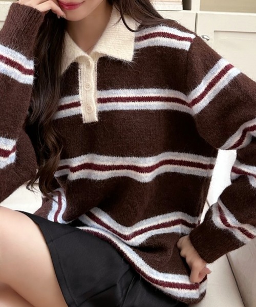 Ada.(エイダ)の「衿付き マルチボーダー スキッパー ニット(ニット/セーター・レディース・ネイビー/ブラウン/グレー・FREE)」の1枚目の写真