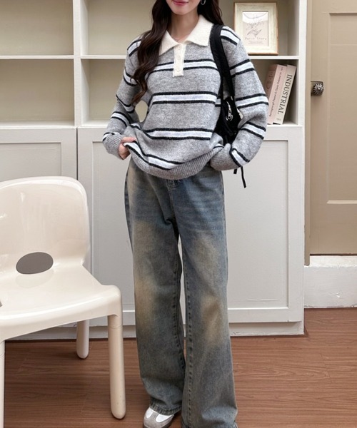 Ada.(エイダ)の「衿付き マルチボーダー スキッパー ニット(ニット/セーター・レディース・ネイビー/ブラウン/グレー・FREE)」の15枚目の写真