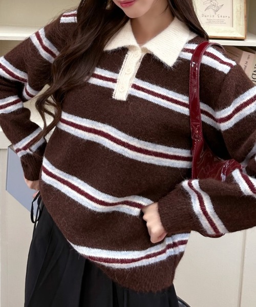 Ada.(エイダ)の「衿付き マルチボーダー スキッパー ニット(ニット/セーター・レディース・ネイビー/ブラウン/グレー・FREE)」の6枚目の写真
