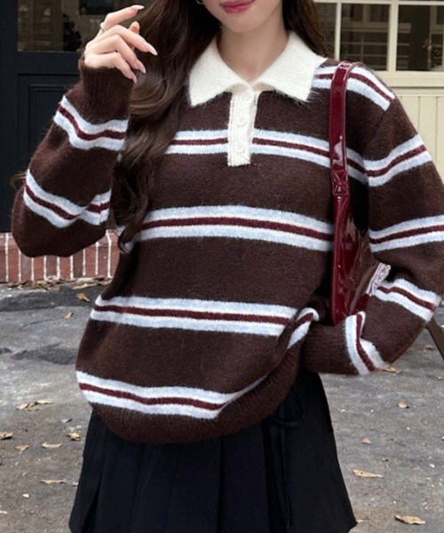 Ada.(エイダ)の「衿付き マルチボーダー スキッパー ニット(ニット/セーター・レディース・ネイビー/ブラウン/グレー・FREE)」の9枚目の写真