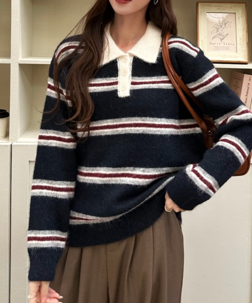 Ada.(エイダ)の「衿付き マルチボーダー スキッパー ニット(ニット/セーター・レディース・ネイビー/ブラウン/グレー・FREE)」の22枚目の写真