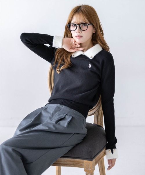 U.S. POLO ASSN.(ユーエスポロアッスン)の「【U.S. POLO ASSN.】clear 別注 フェザー配色長袖ニットトップス(ニット/セーター・レディース・グレー/ブラック/アイボリー・F)」の2枚目の写真