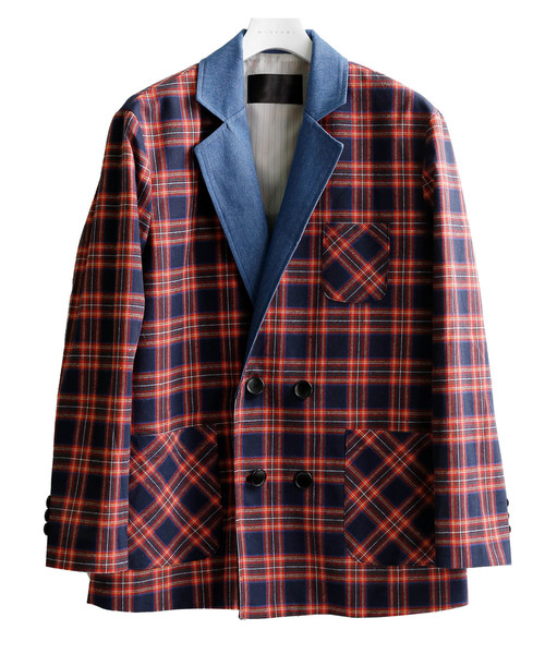 minsobi(ミンソビ)の「デニム襟チェックジャケット(テーラードジャケット)」|ネイビー