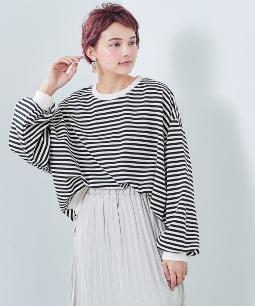 cepo(セポ)の「ボーダーボリューム クルーネックカットソー(Tシャツ/カットソー・レディース・オフホワイト/イエロー系その他/ブラック系その他/チャコールグレー・M)」の3枚目の写真