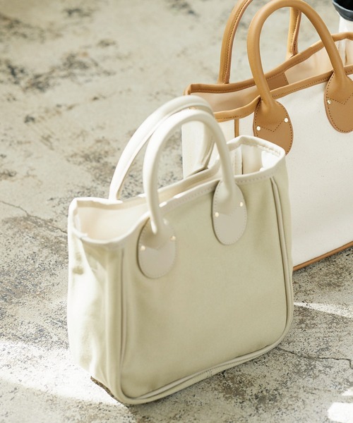 KOBE LETTUCE（コウベレタス）の「キャンバス×フェイクレザースクエアミニトートバッグ　ショルダーストラップ付き（トートバッグ・レディース・オリーブ/ホワイト×ブラック/グレー/ホワイト系その他・FREE）」の2枚目の写真