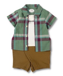 【ペア】チェック柄重ね着風半袖カバーオール