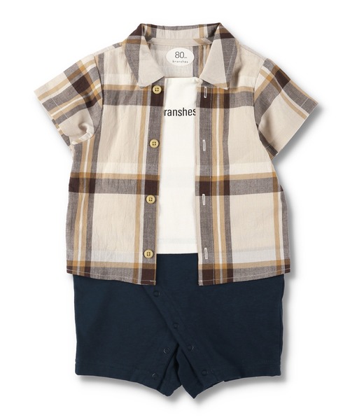 BRANSHES（ブランシェス）の「【ペア】チェック柄重ね着風半袖カバーオール（ロンパース・キッズ・ベージュ/カーキオリーブ・80ｃｍ/70cm）」の2枚目の写真