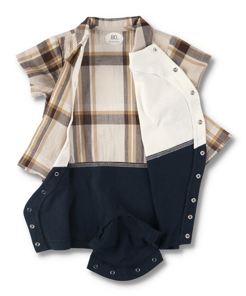 BRANSHES（ブランシェス）の「【ペア】チェック柄重ね着風半袖カバーオール（ロンパース・キッズ・ベージュ/カーキオリーブ・80ｃｍ/70cm）」の6枚目の写真