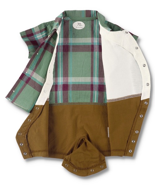 BRANSHES（ブランシェス）の「【ペア】チェック柄重ね着風半袖カバーオール（ロンパース・キッズ・ベージュ/カーキオリーブ・80ｃｍ/70cm）」の11枚目の写真