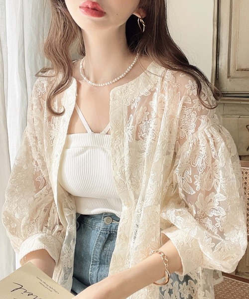 フラワー刺繍レースクルーネックカーデブラウス