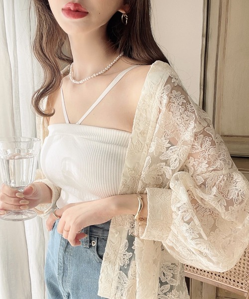 フラワー刺繍レースクルーネックカーデブラウス