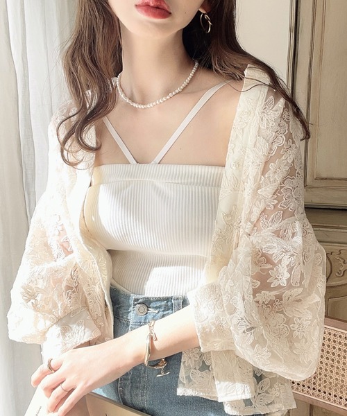 フラワー刺繍レースクルーネックカーデブラウス