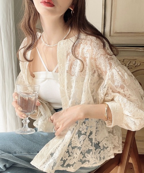 フラワー刺繍レースクルーネックカーデブラウス