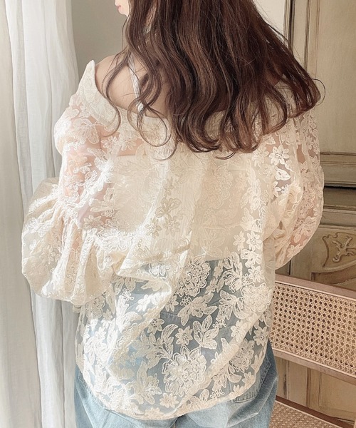 フラワー刺繍レースクルーネックカーデブラウス