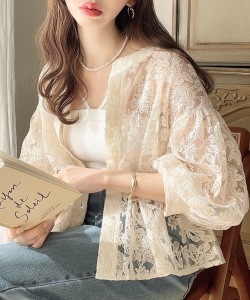 フラワー刺繍レースクルーネックカーデブラウス