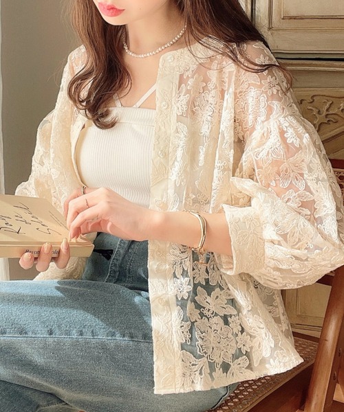 フラワー刺繍レースクルーネックカーデブラウス