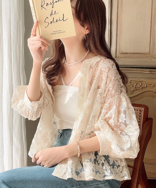 フラワー刺繍レースクルーネックカーデブラウス