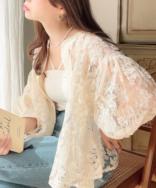 フラワー刺繍レースクルーネックカーデブラウス