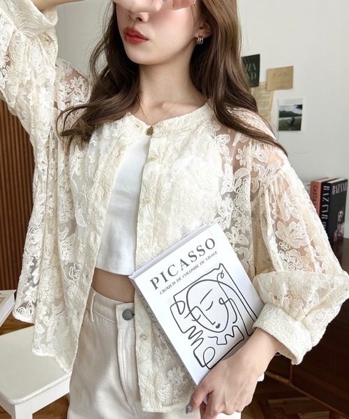 フラワー刺繍レースクルーネックカーデブラウス
