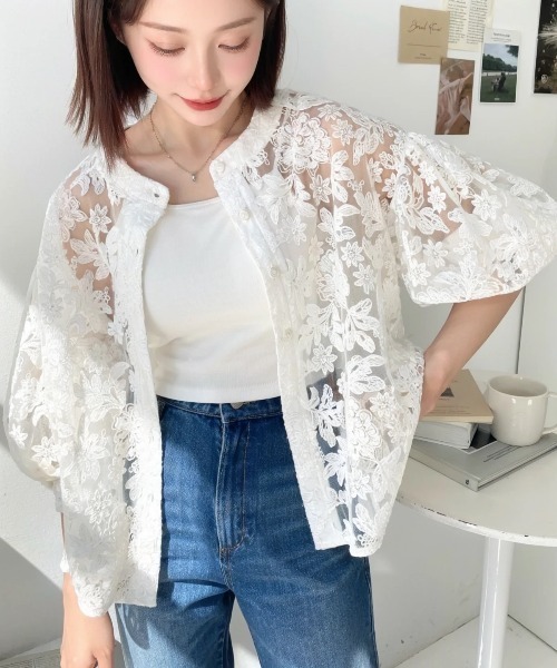 セブンテン　フラワー刺繍レース半袖ブラウス セブンテン フラワー刺繍レース半袖ブラウス