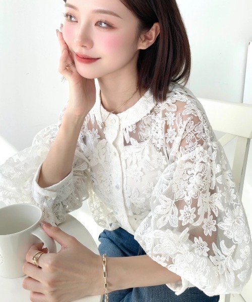 【NEW】ルミノーゾ・コムサ/フラワー刺繍レース　ブラウス セール】フラワー刺繍レース クルーネックカーデブラウス（シャツ