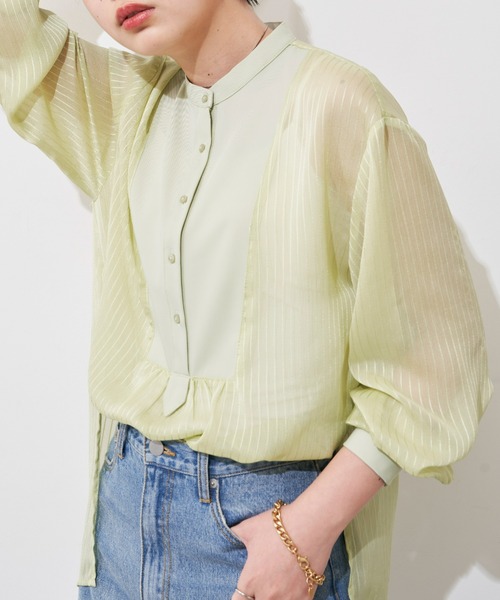 Aunt Marie's（アントマリーズ）の「シアーストライプドレスシャツ（シャツ/ブラウス・レディース・ブラック/ライトグリーン/アイボリー・FREE）」の3枚目の写真