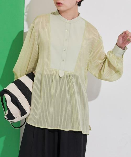 Aunt Marie's（アントマリーズ）の「シアーストライプドレスシャツ（シャツ/ブラウス・レディース・ブラック/ライトグリーン/アイボリー・FREE）」の5枚目の写真